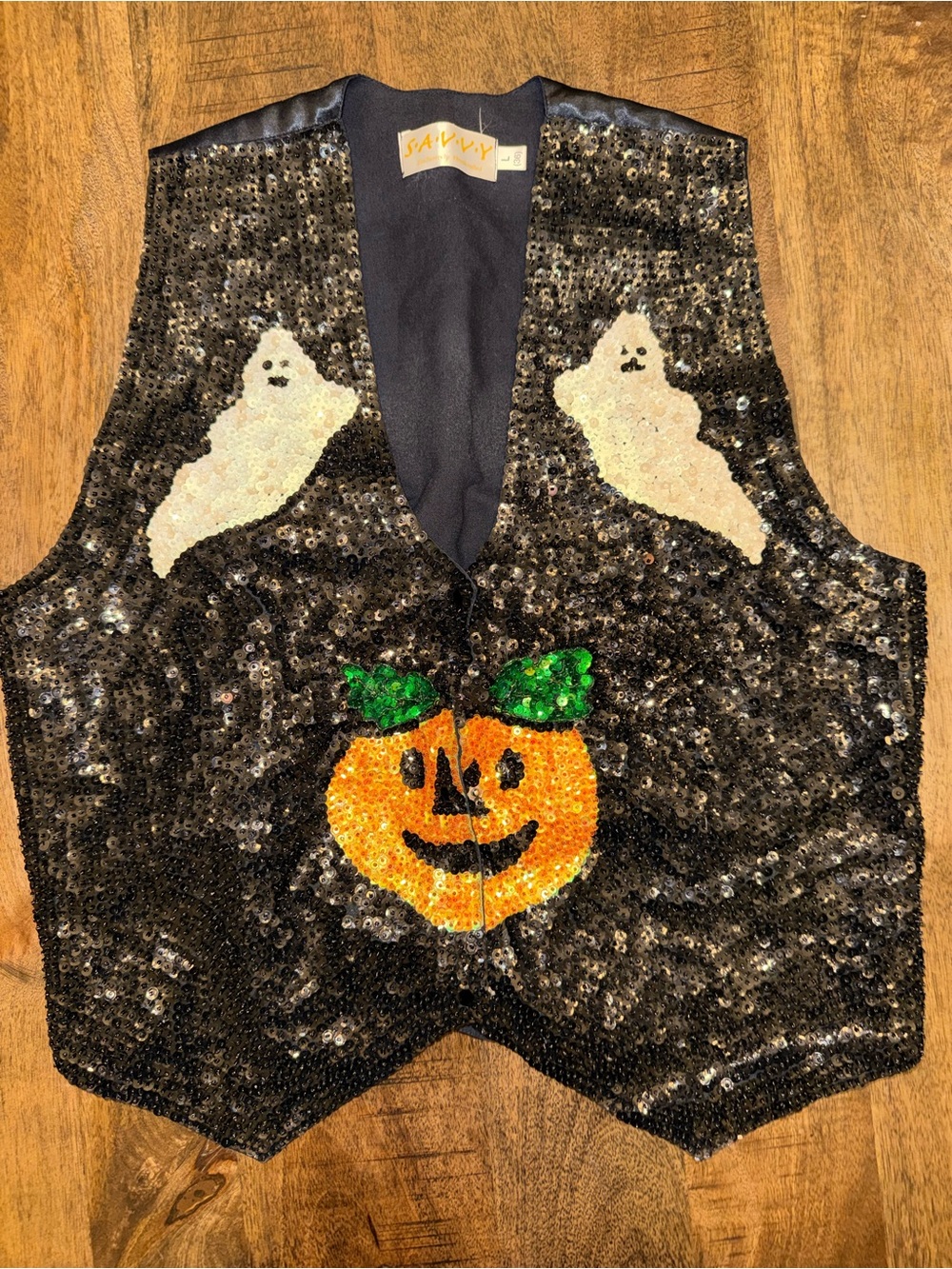Savvy Black Sequin Halloween Vest with Orange Pumpkin and White Ghosts